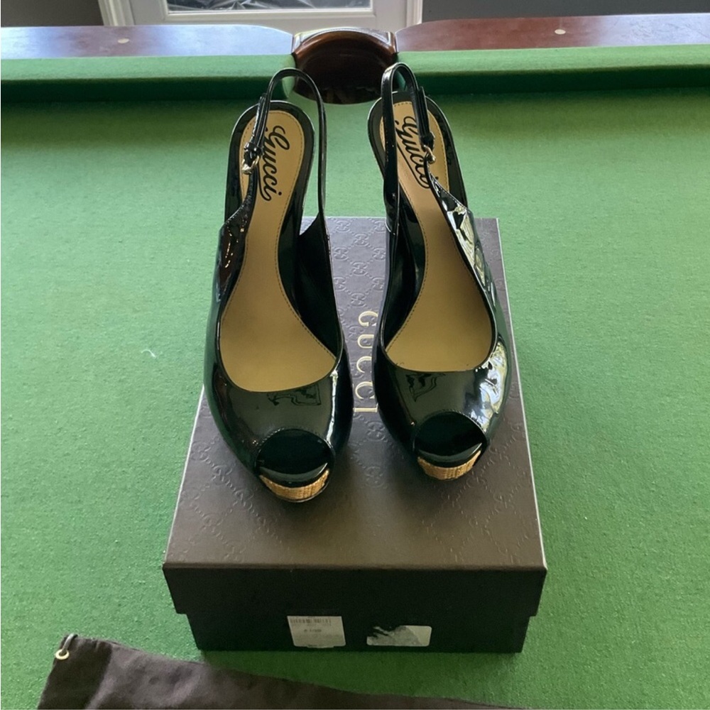 GUCCI Peep Toe Slingback Pump High Heels Patent Leather Black - Picture 2 of 10